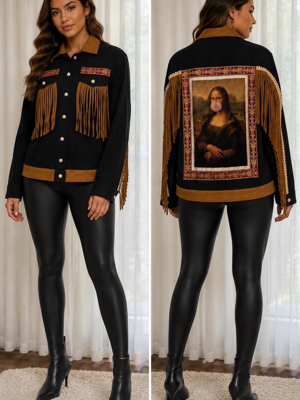 Fringe Jean Jacket with Mona Lisa Print